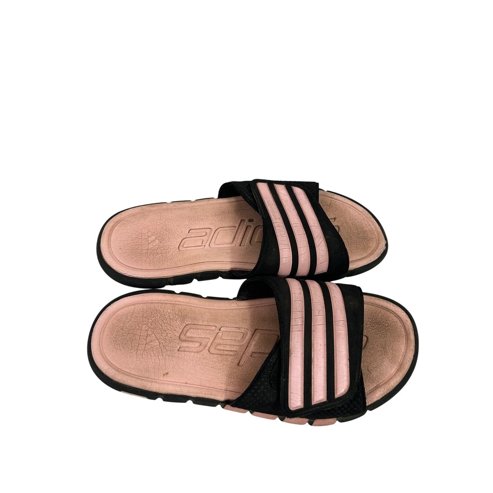 Adidas Adissage Slides Size 9 Pink Black 3-Stripe Adjustable Sandals Womens